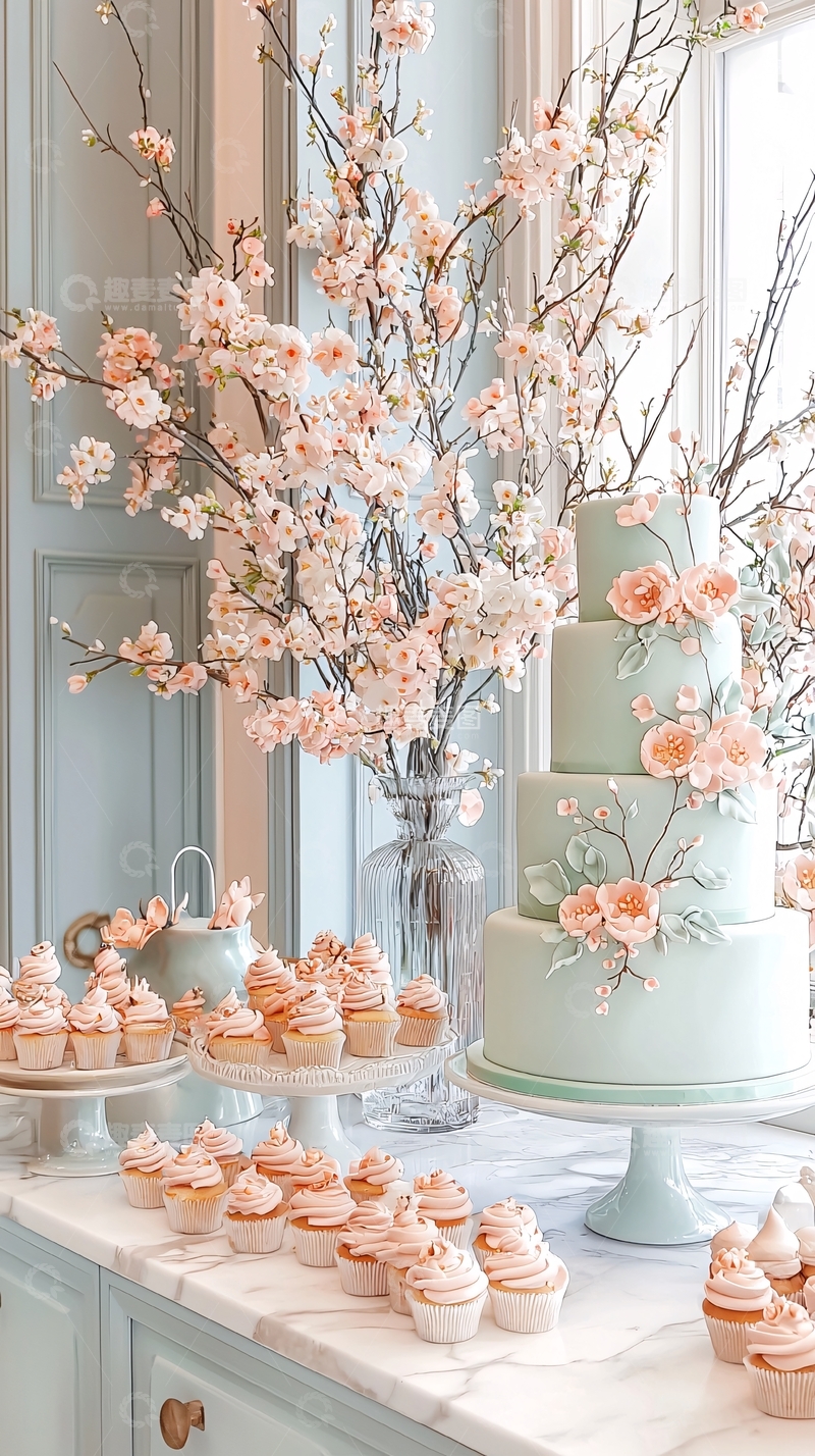 高清大图下载【趣麦麦图】淡绿色蛋糕与樱花装饰