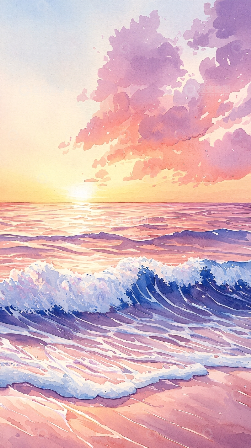 高清大图下载【趣麦麦图】水彩风格海边日落