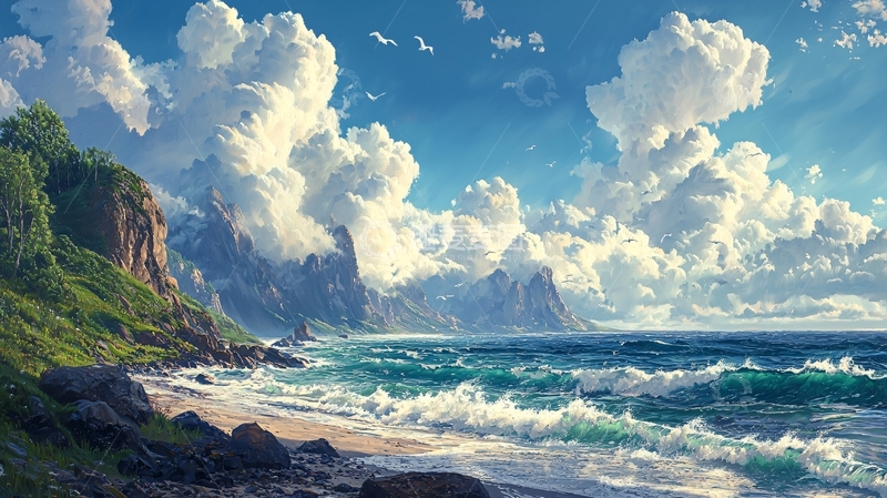 高清大图下载【趣麦麦图】海边悬崖白云蓝天风景