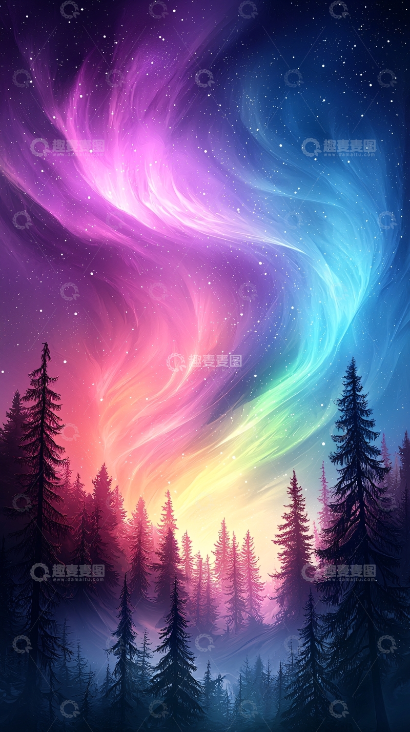 高清大图下载【趣麦麦图】绚丽极光下的森林