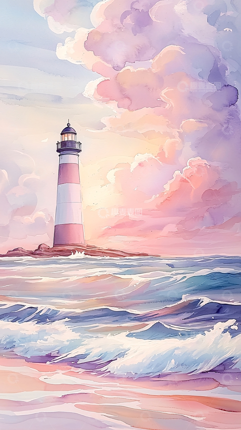 高清大图下载【趣麦麦图】粉色云彩下的灯塔