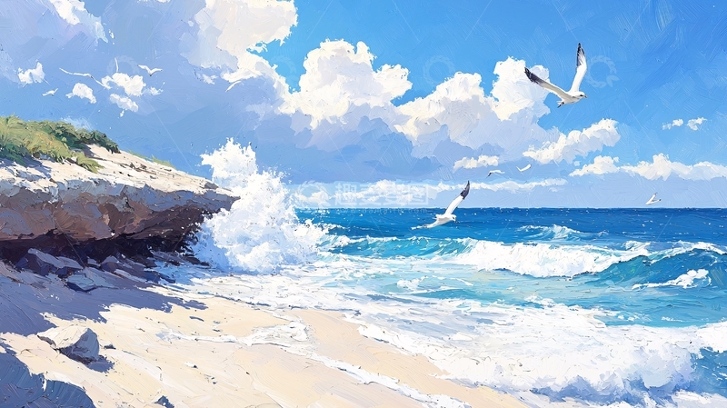 高清大图下载【趣麦麦图】海边沙滩浪花天空云朵飞鸟