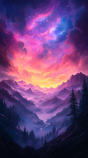 紫色星空下的山脉