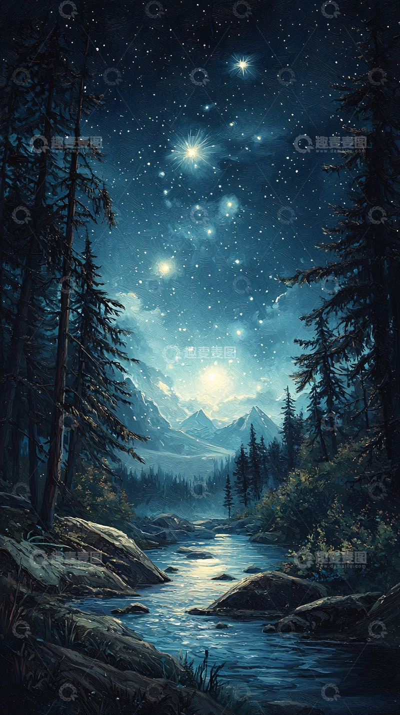 高清大图下载【趣麦麦图】夜空繁星森林河流的宁静