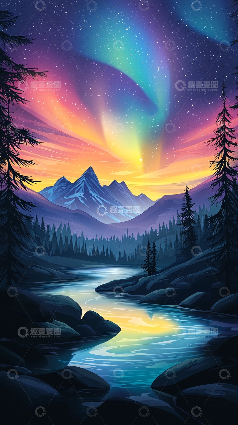 高清大图下载【趣麦麦图】梦幻极光下的山水风景