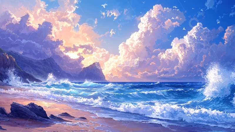 高清大图下载【趣麦麦图】海岸线的天空云彩和浪花