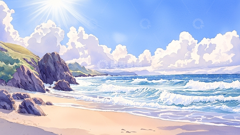 高清大图下载【趣麦麦图】阳光沙滩海浪白云
