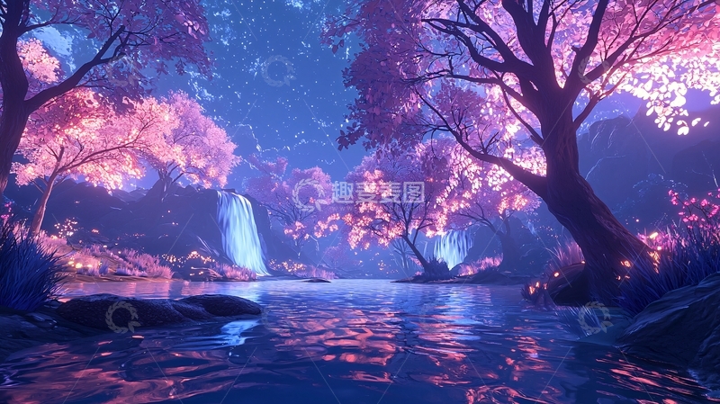 高清大图下载【趣麦麦图】唯美紫色梦幻森林湖泊