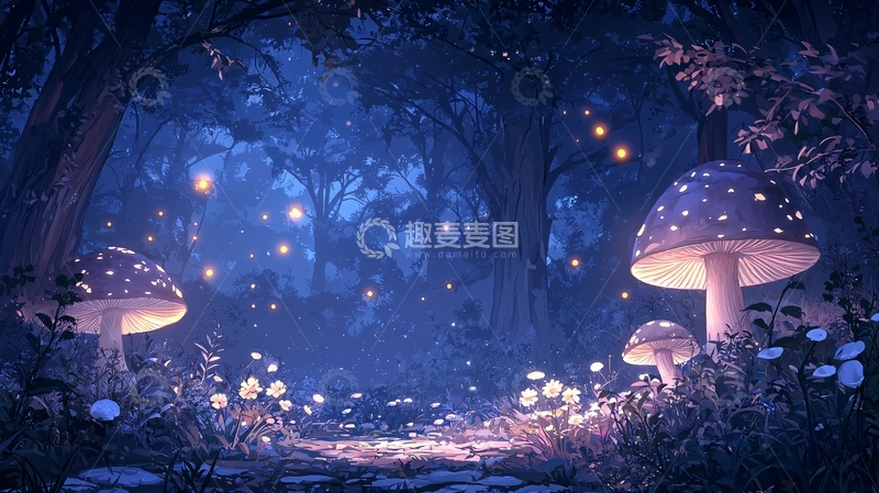 高清大图下载【趣麦麦图】奇幻森林萤火虫蘑菇夜景