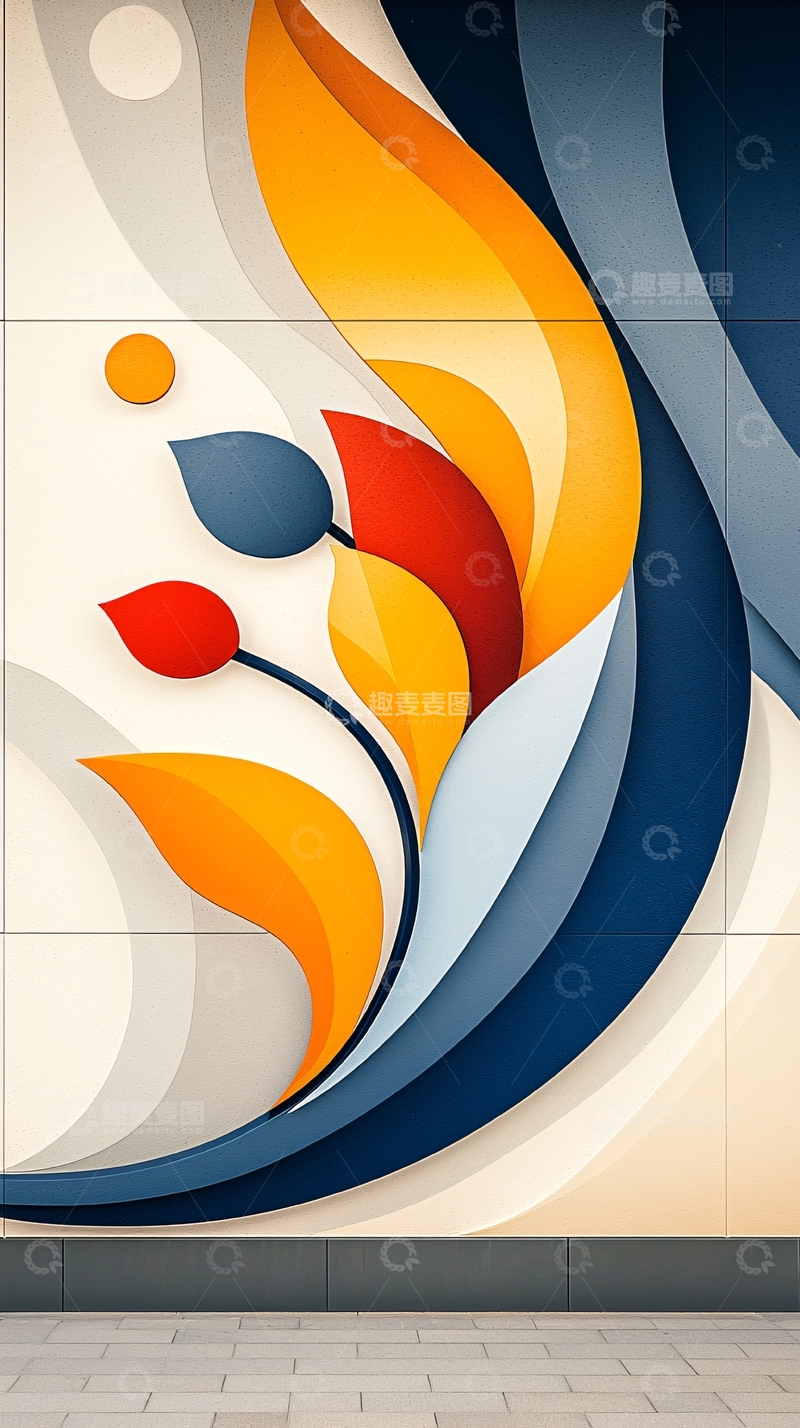 高清大图下载【趣麦麦图】抽象花卉图案墙绘