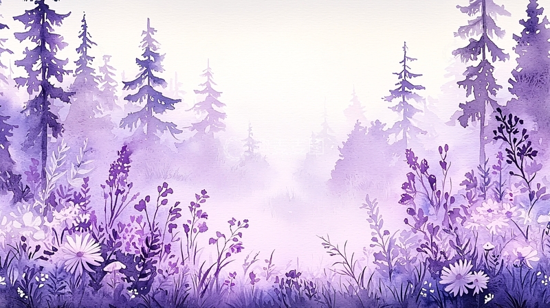 高清大图下载【趣麦麦图】紫色薰衣草森林水彩画