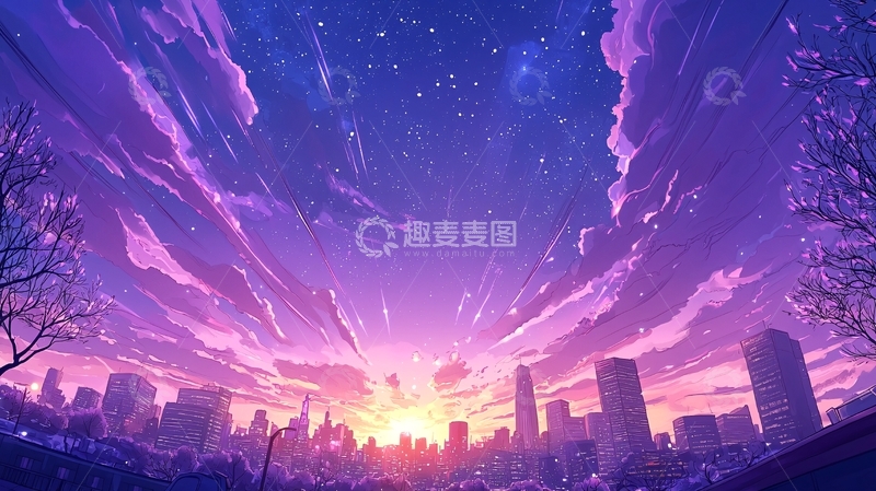 高清大图下载【趣麦麦图】紫色的夜空城市剪影