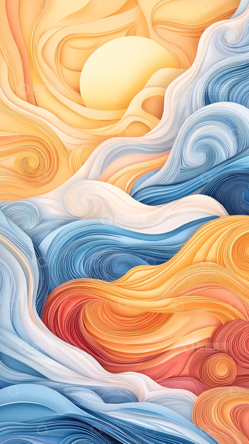 高清大图下载【趣麦麦图】抽象太阳与海浪纸艺