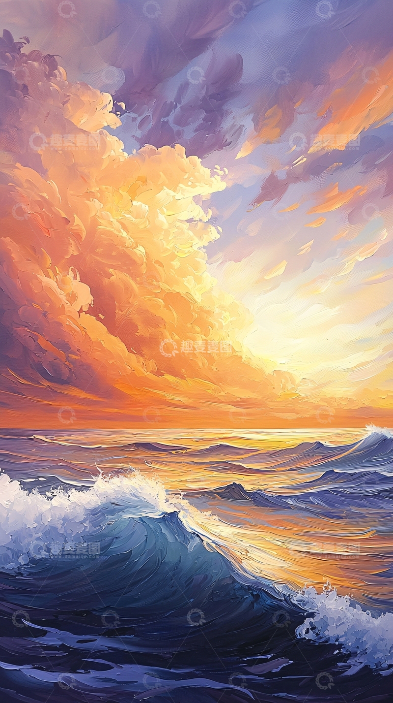 高清大图下载【趣麦麦图】金色云彩下的海浪