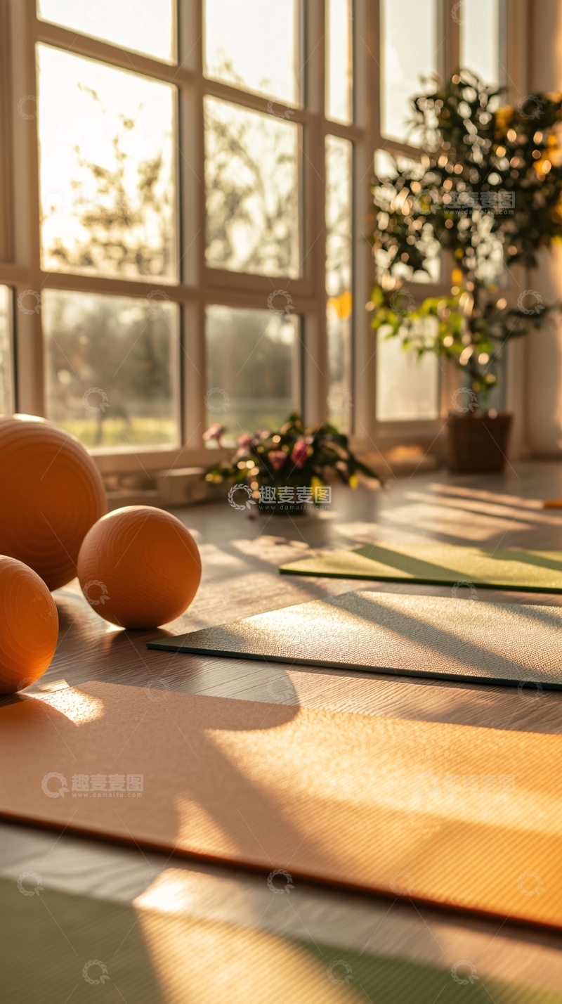 高清大图下载【趣麦麦图】阳光下的瑜伽垫和健身球