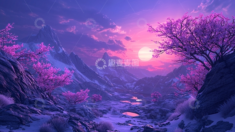 高清大图下载【趣麦麦图】紫色山谷中的粉色樱花树和日落