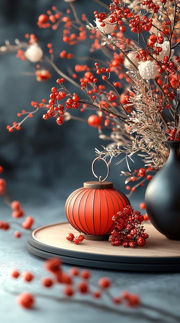 红色浆果与黑色花瓶