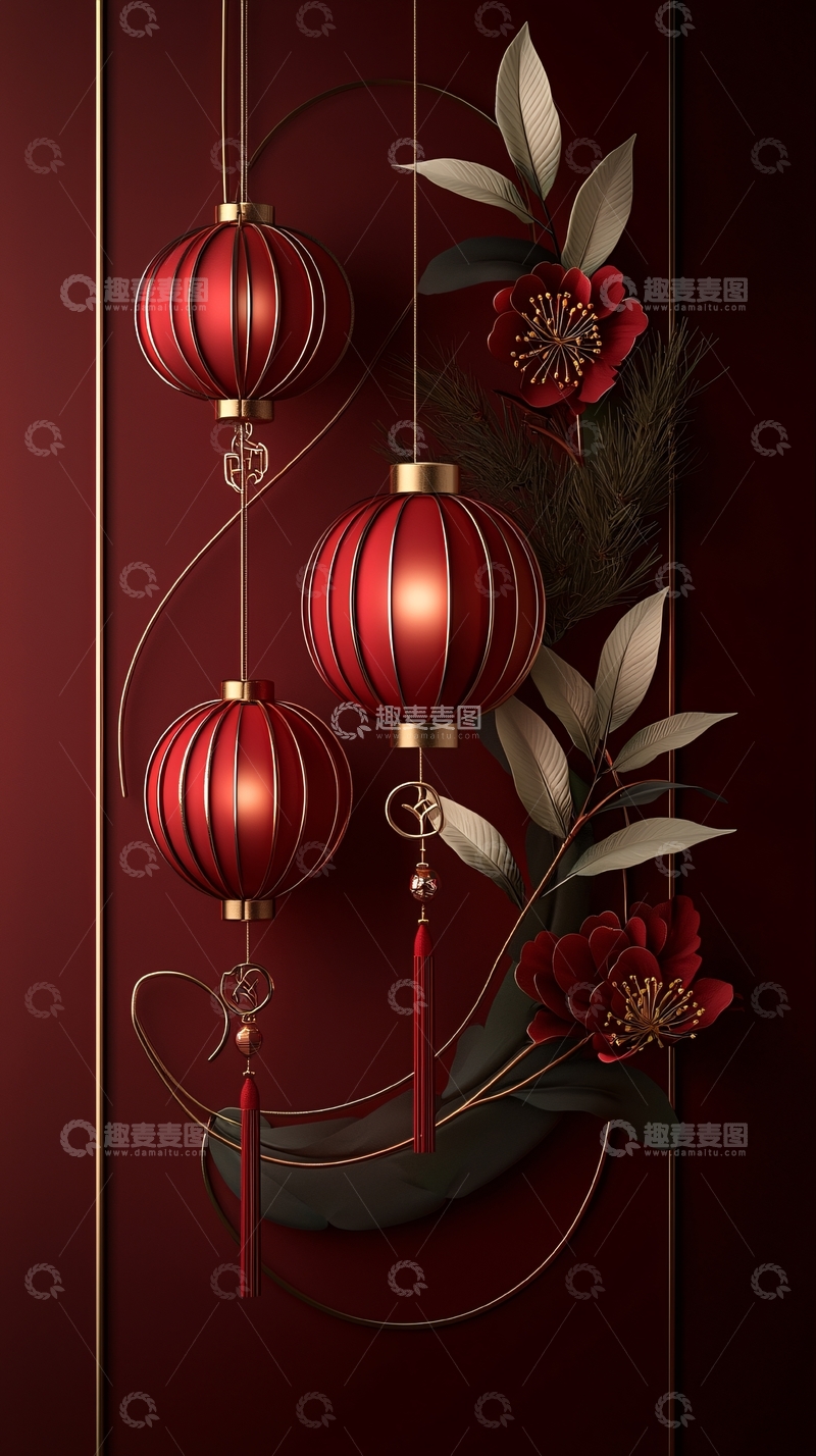 高清大图下载【趣麦麦图】红色灯笼与花卉的优雅组合