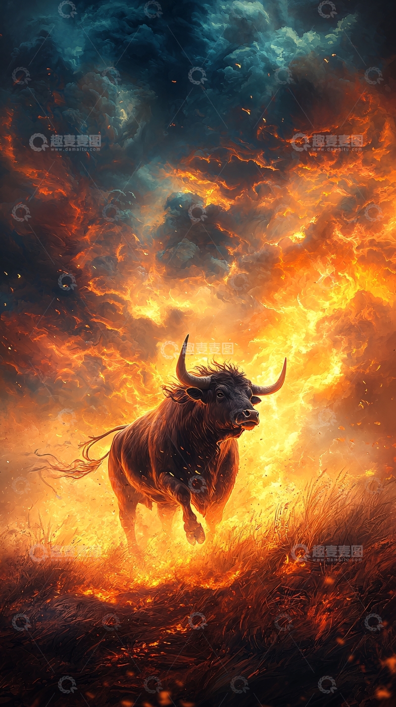 高清大图下载【趣麦麦图】火焰环绕的公牛奔腾