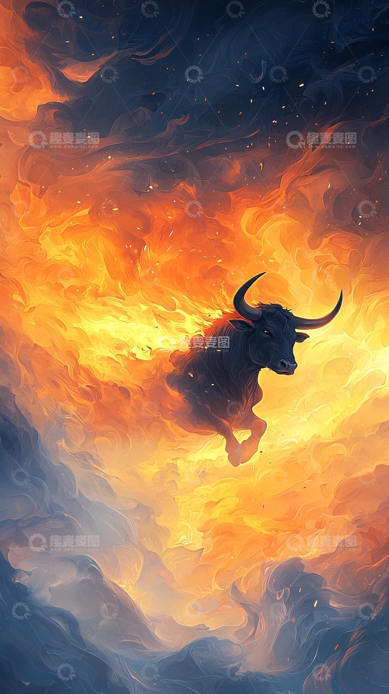 高清大图下载【趣麦麦图】火焰背景中的奔牛