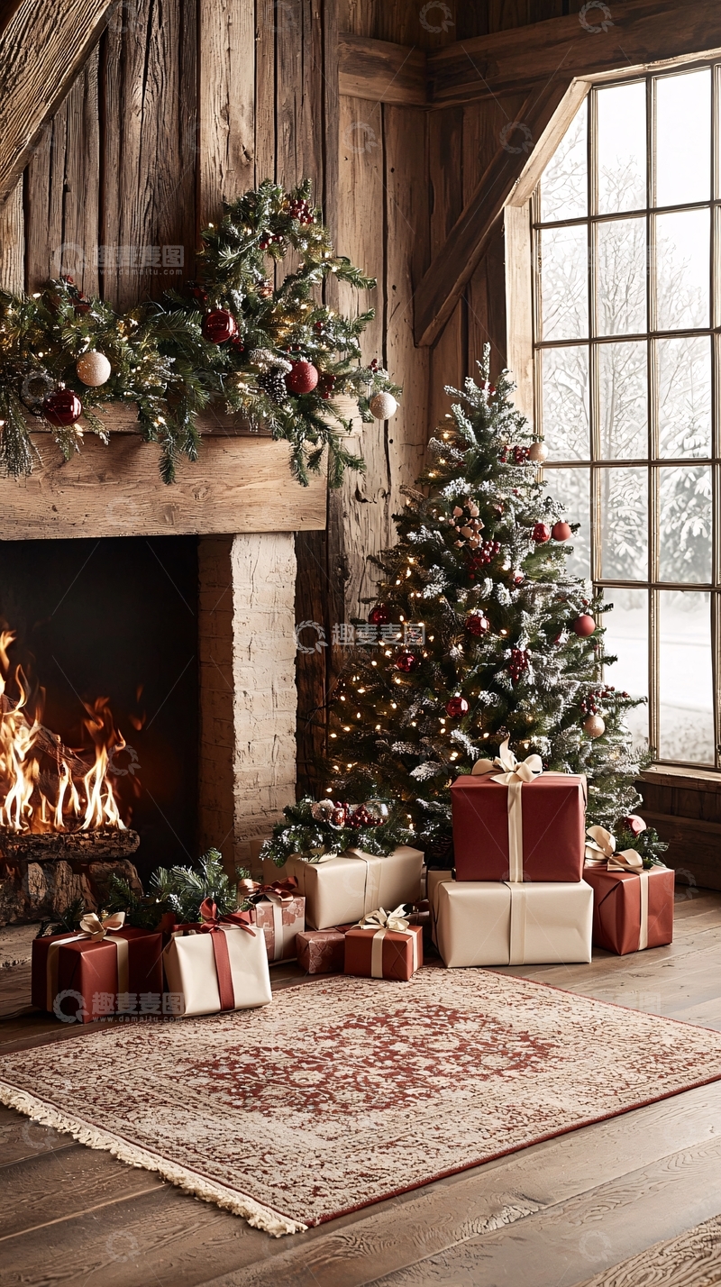 高清大图下载【趣麦麦图】壁炉旁圣诞树礼物