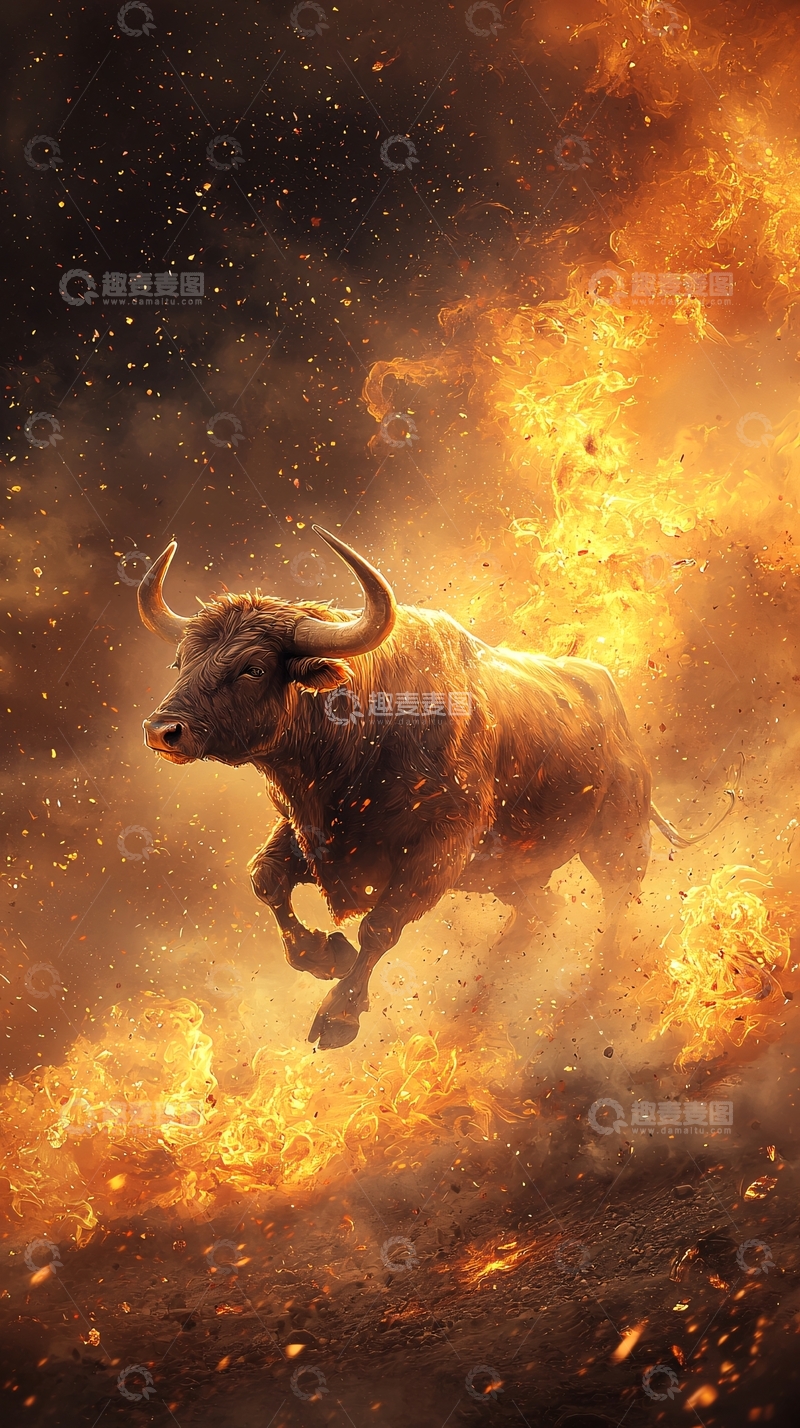 高清大图下载【趣麦麦图】火焰中的奔牛