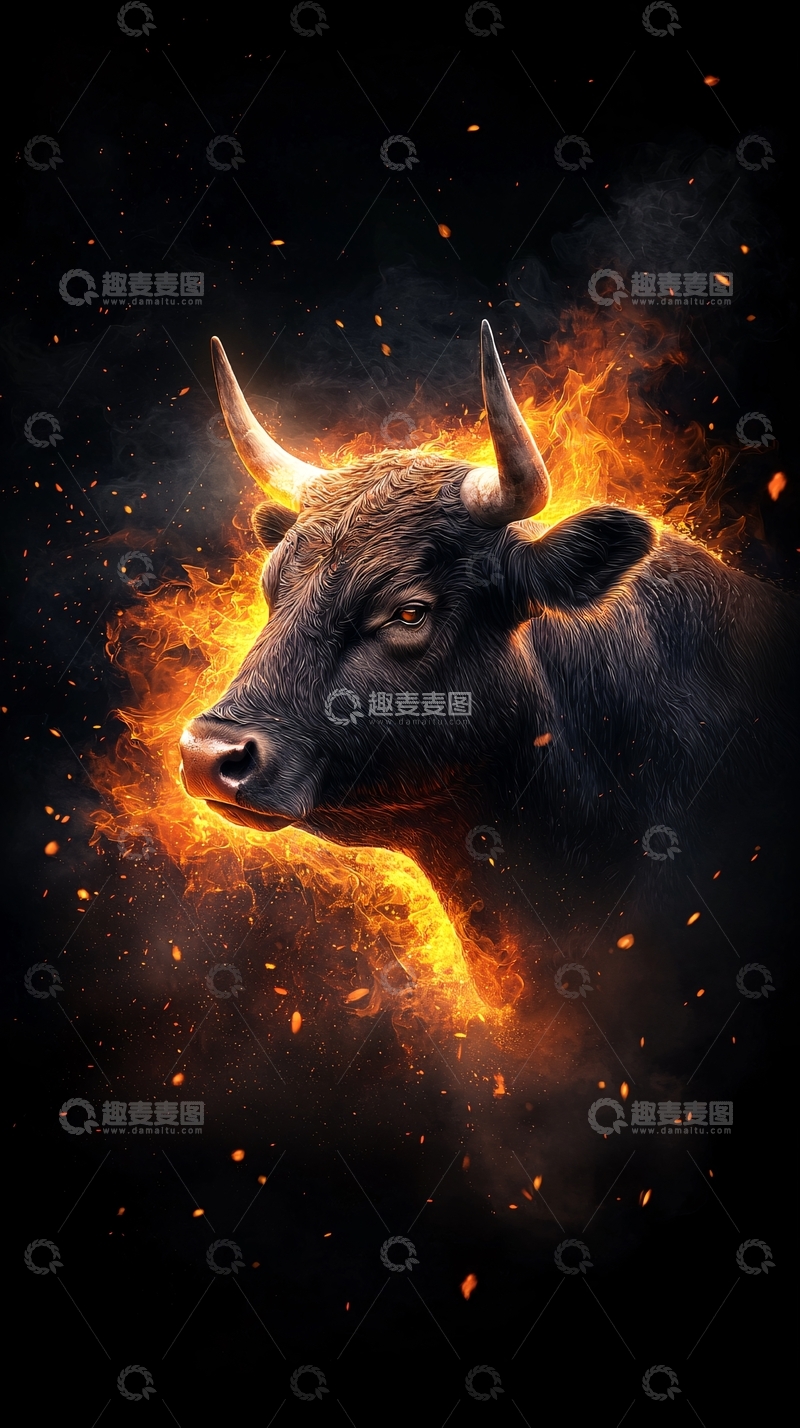 高清大图下载【趣麦麦图】火焰环绕的愤怒公牛