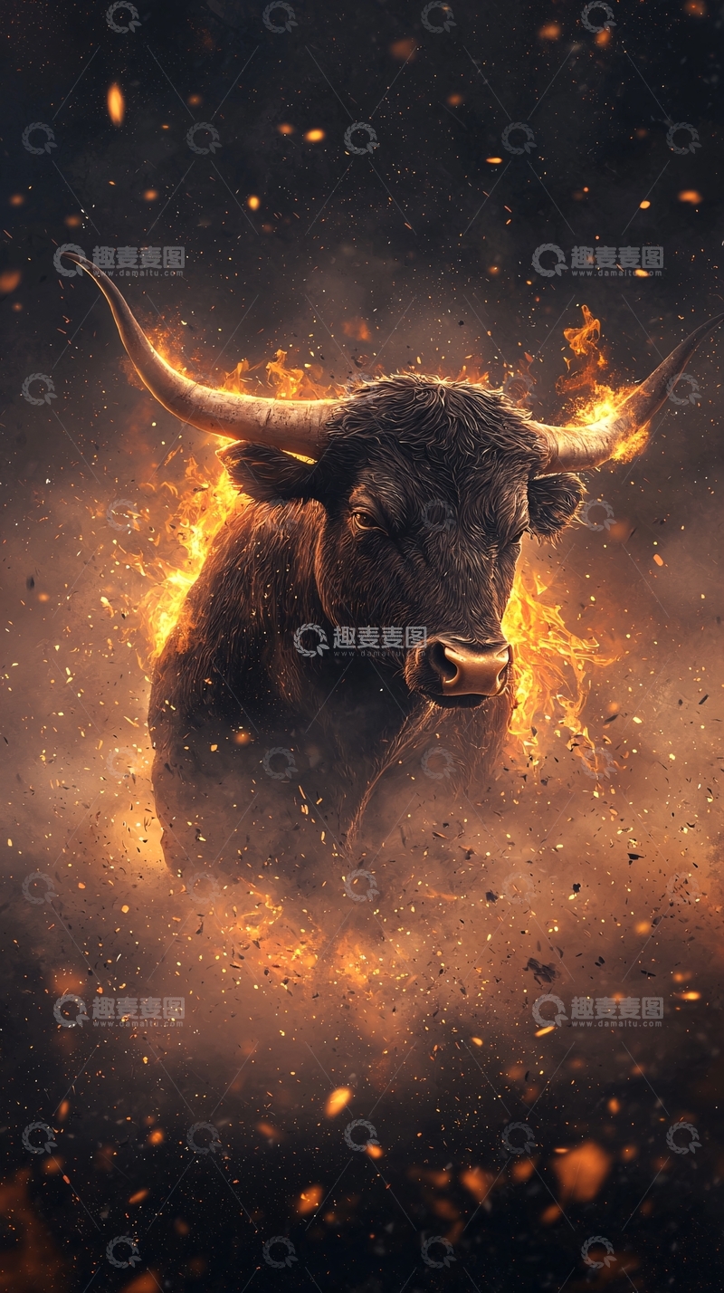 高清大图下载【趣麦麦图】火焰中的愤怒公牛