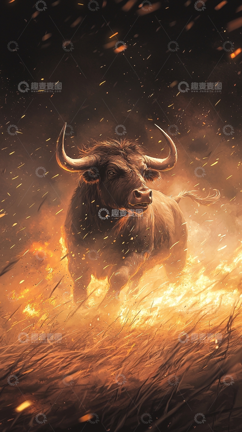 高清大图下载【趣麦麦图】烈焰中的狂暴公牛
