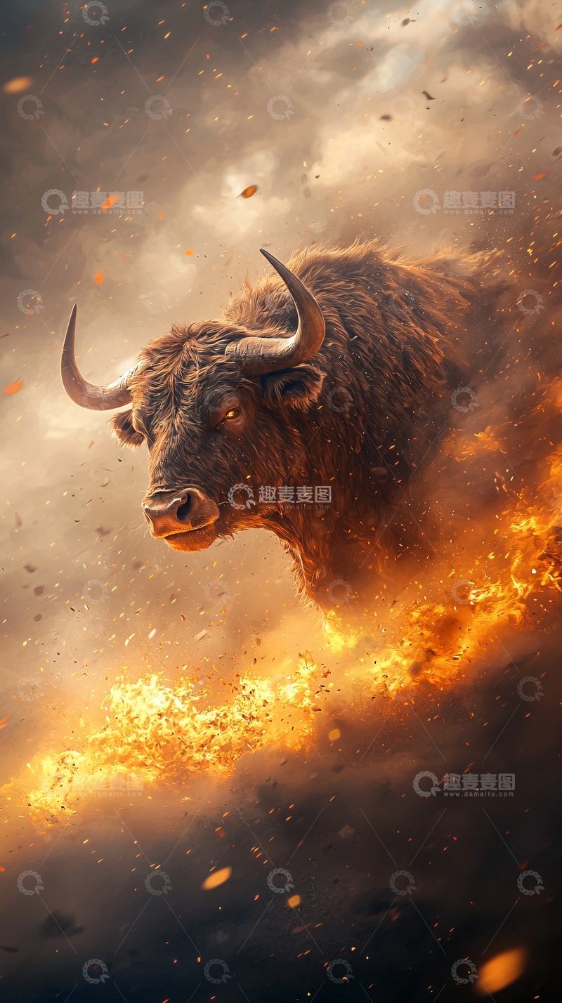 高清大图下载【趣麦麦图】火焰中的愤怒公牛