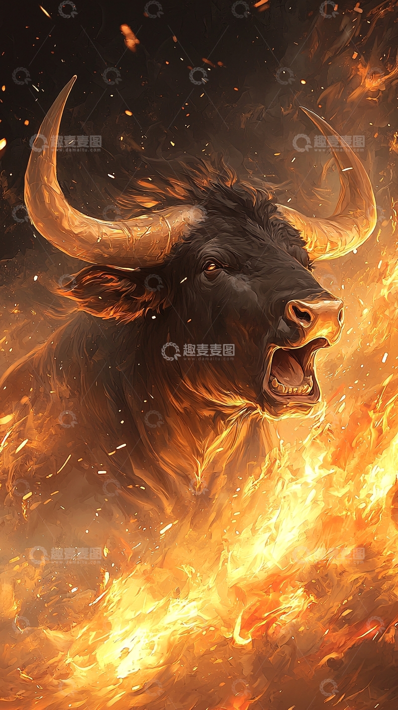 高清大图下载【趣麦麦图】火焰中的愤怒公牛