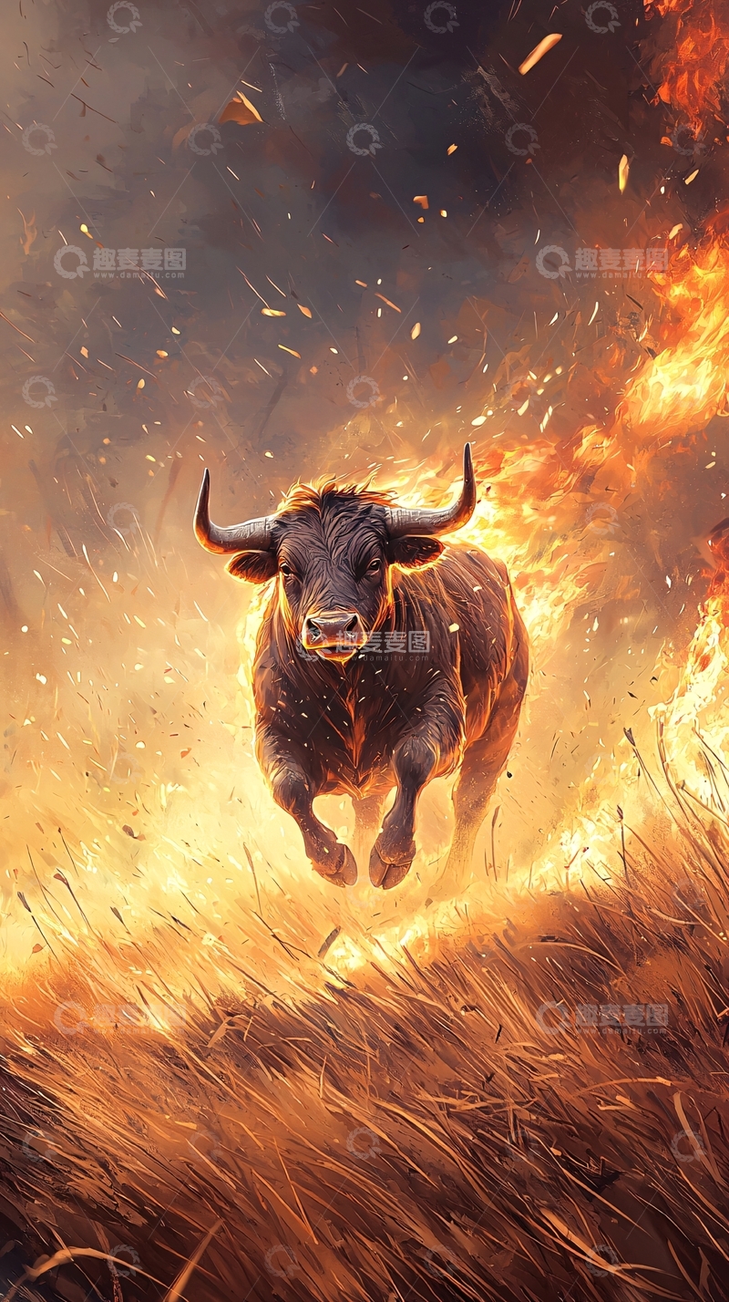 高清大图下载【趣麦麦图】狂奔在火焰中的公牛