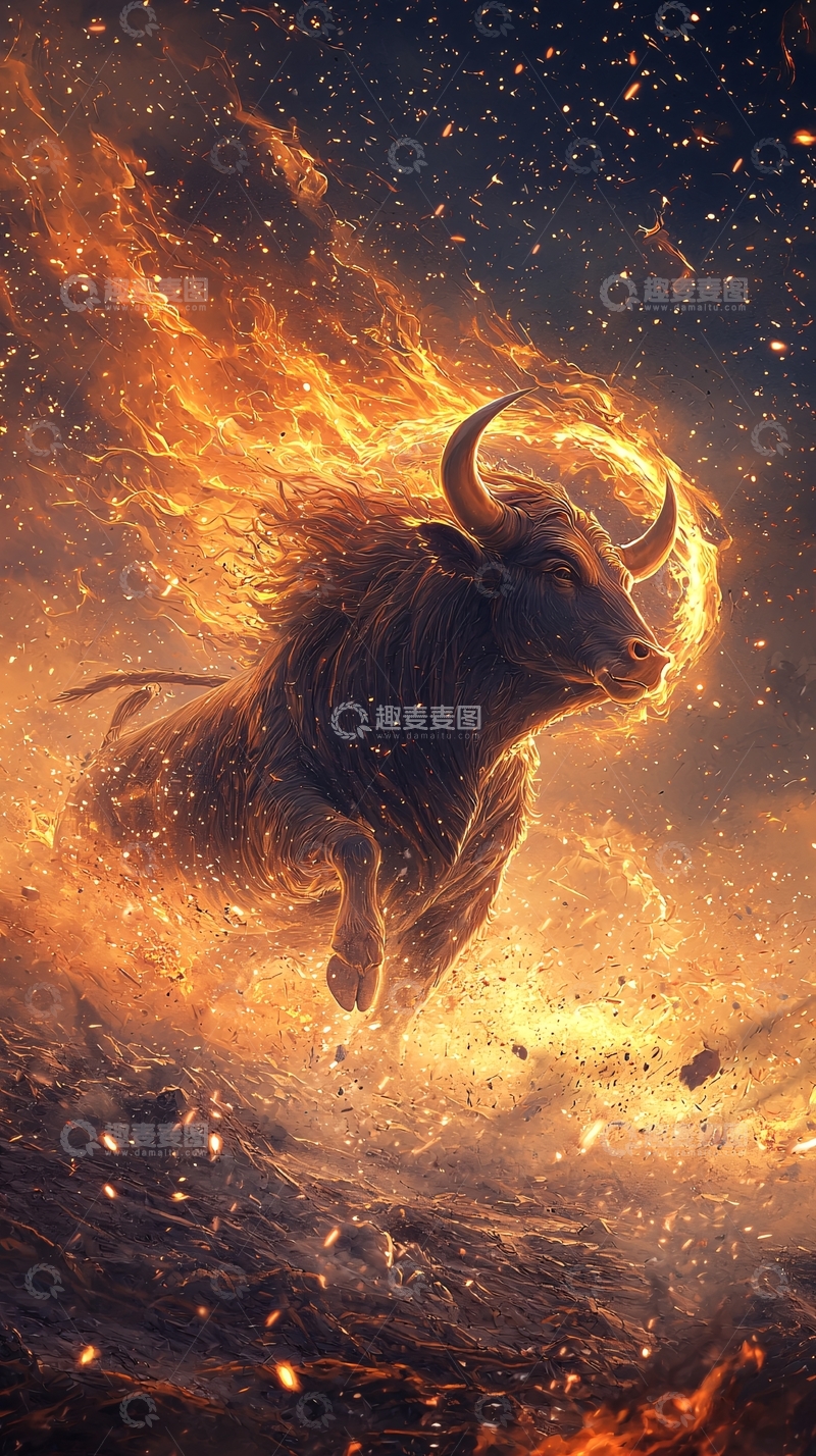 高清大图下载【趣麦麦图】火焰环绕的公牛