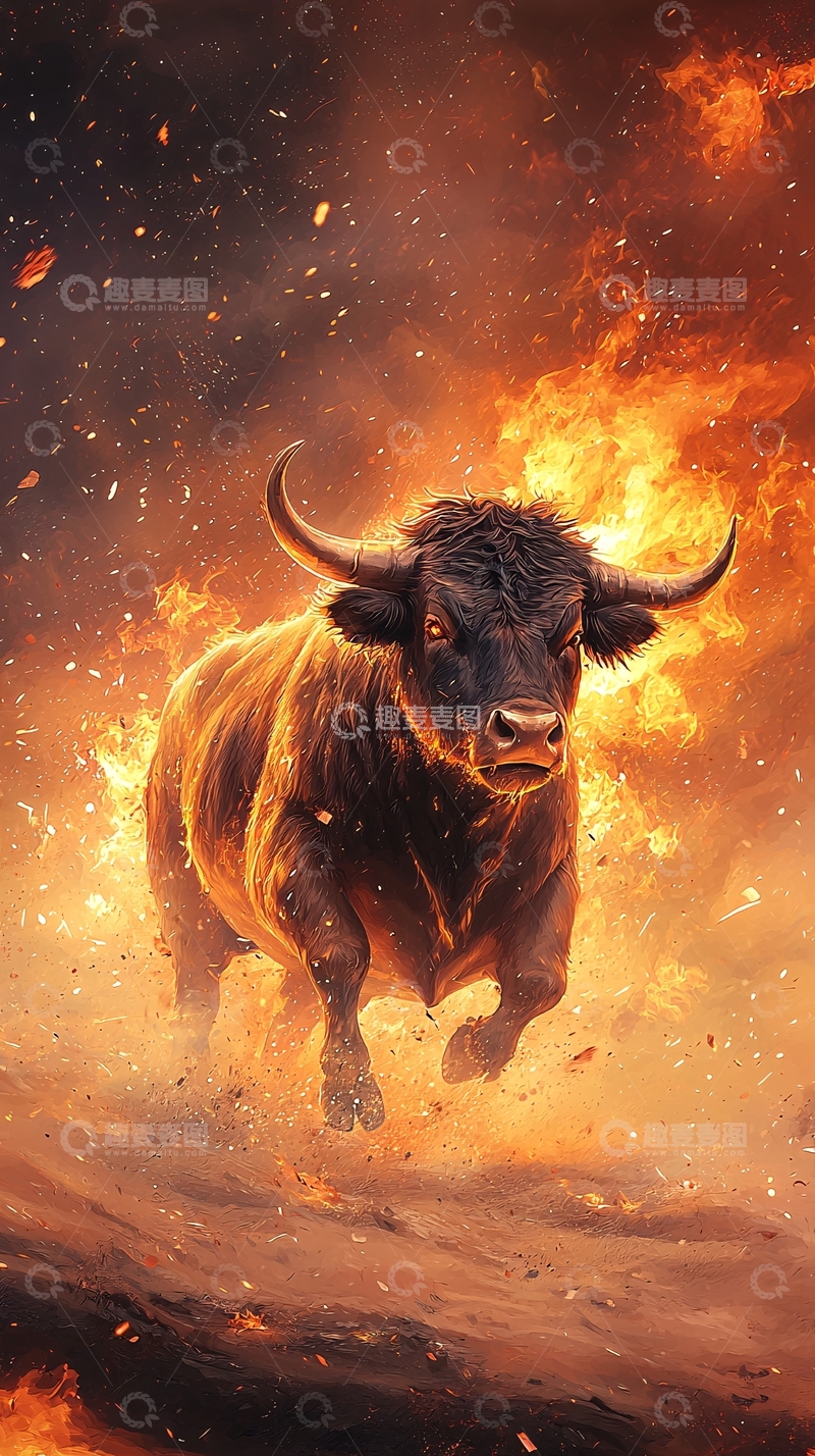 高清大图下载【趣麦麦图】火焰中的狂怒公牛
