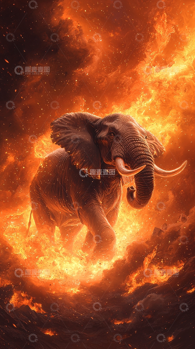 高清大图下载【趣麦麦图】火焰环绕的大象