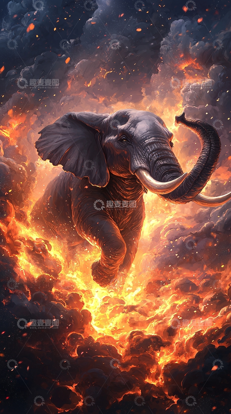 高清大图下载【趣麦麦图】火焰中奔跑的大象