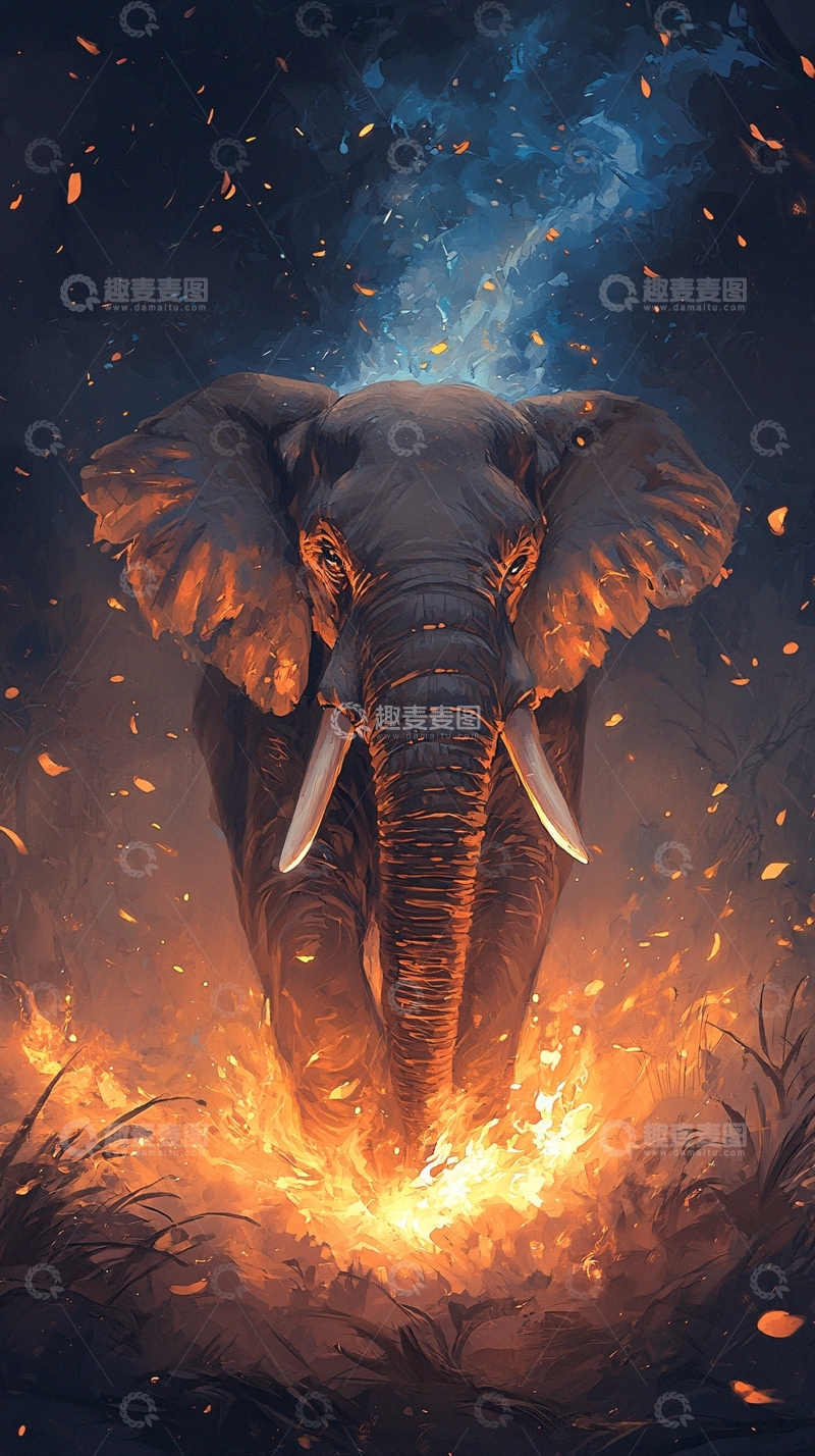 高清大图下载【趣麦麦图】火焰环绕的大象