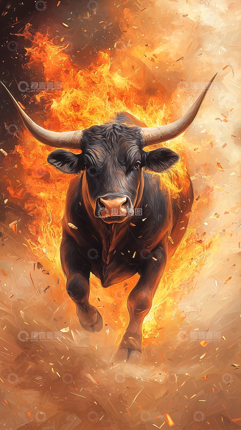 高清大图下载【趣麦麦图】火焰环绕的奔牛