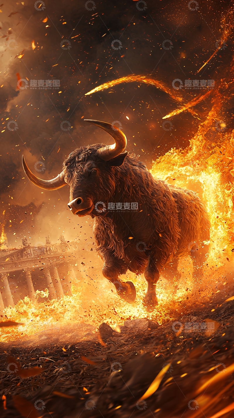 高清大图下载【趣麦麦图】火焰中的公牛