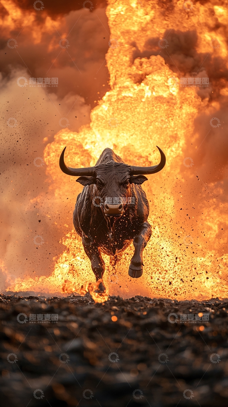 高清大图下载【趣麦麦图】愤怒公牛火焰背景