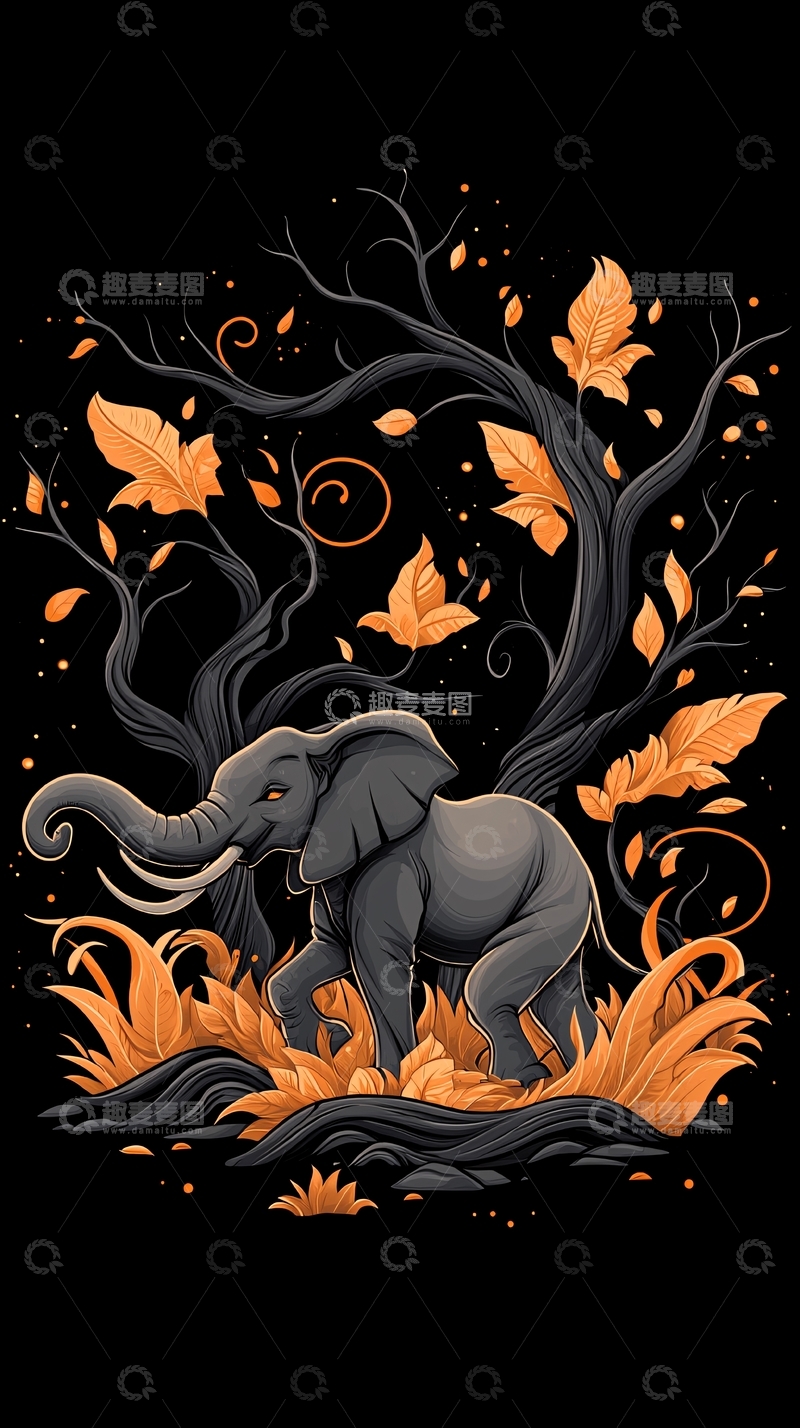 高清大图下载【趣麦麦图】黑背景下的大象与金色树叶