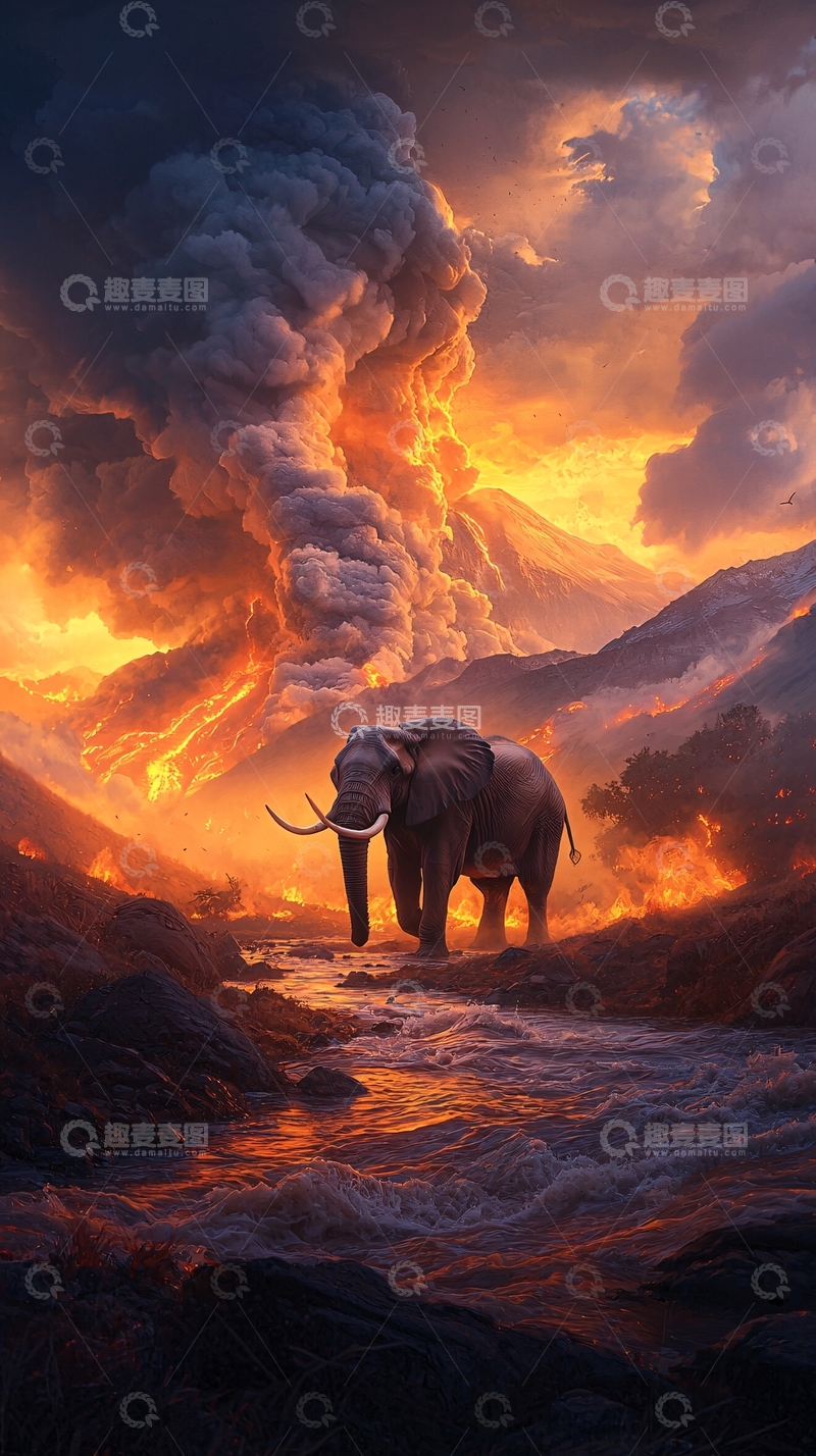 高清大图下载【趣麦麦图】夕阳下的大象与火山