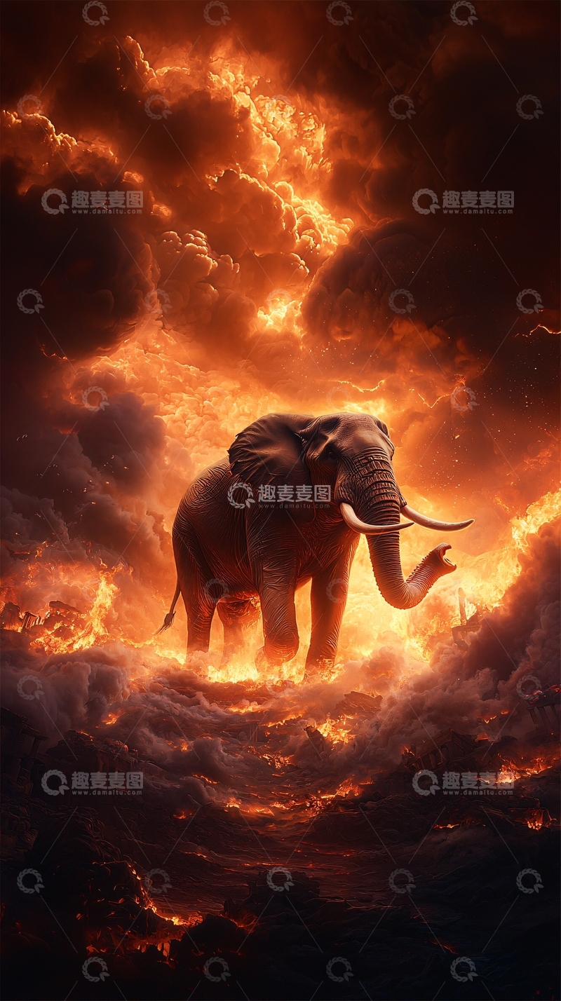 高清大图下载【趣麦麦图】燃烧云雾中行走的巨象