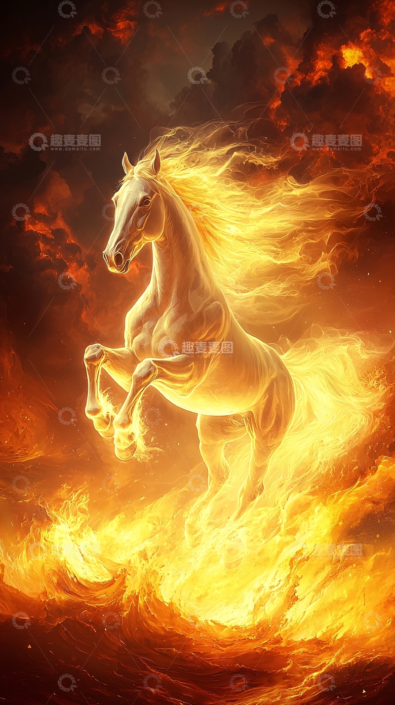 高清大图下载【趣麦麦图】火焰中的白色骏马