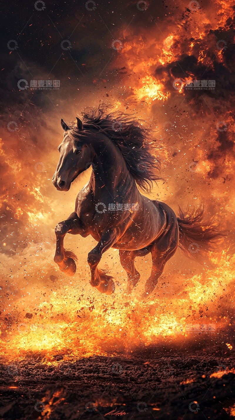 高清大图下载【趣麦麦图】火焰中奔跑的黑马