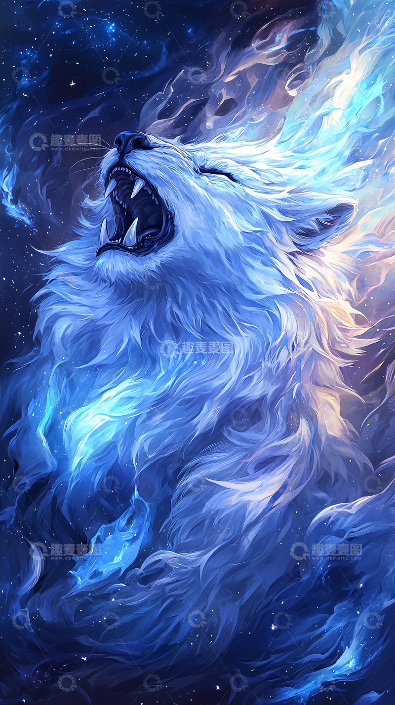 高清大图下载【趣麦麦图】星空下咆哮的冰霜狼