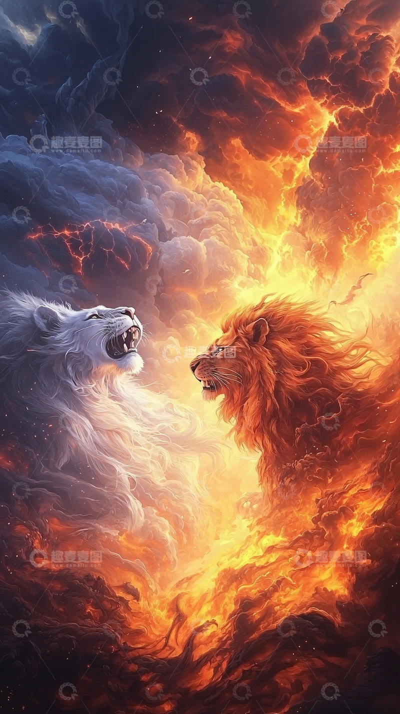 高清大图下载【趣麦麦图】火焰与冰霜的狮子对峙