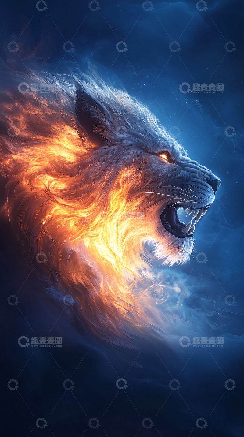 高清大图下载【趣麦麦图】火焰狮子咆哮的侧脸