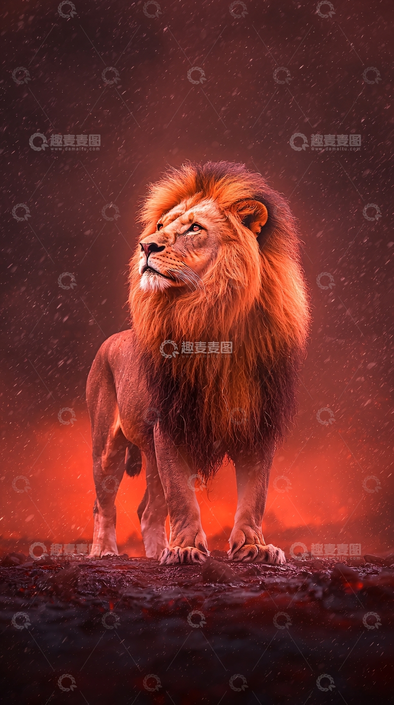 高清大图下载【趣麦麦图】雄狮在红色星空中傲立