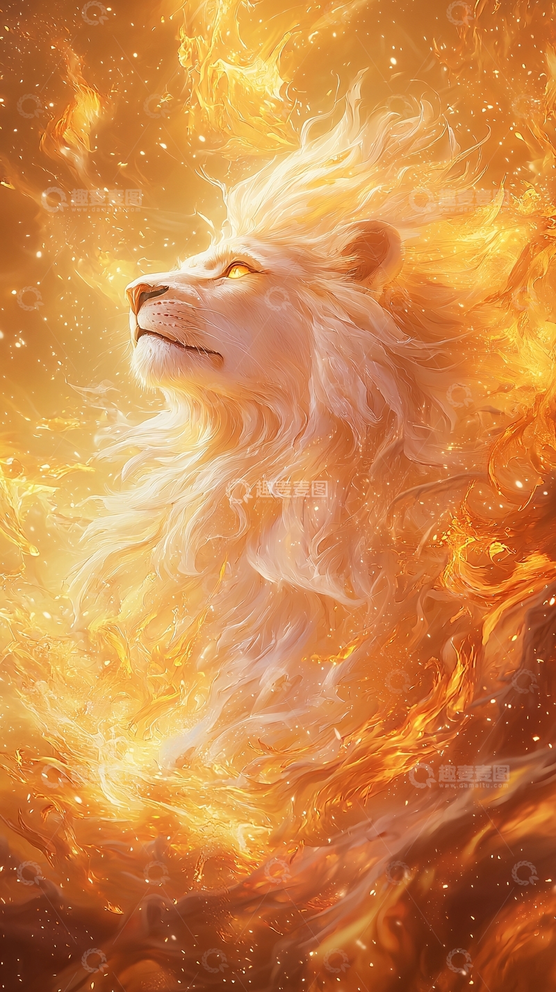 高清大图下载【趣麦麦图】-金色火焰环绕的白狮